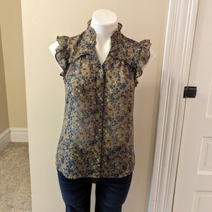 Mine dark tan, use and yellow floral print sheer button down tank top size S